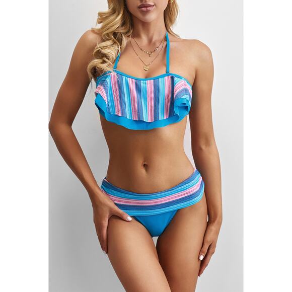 Blue Pink Striped Accent Ruffle Trim Bikini Swimsuit - Medium - Picture 1 of 6